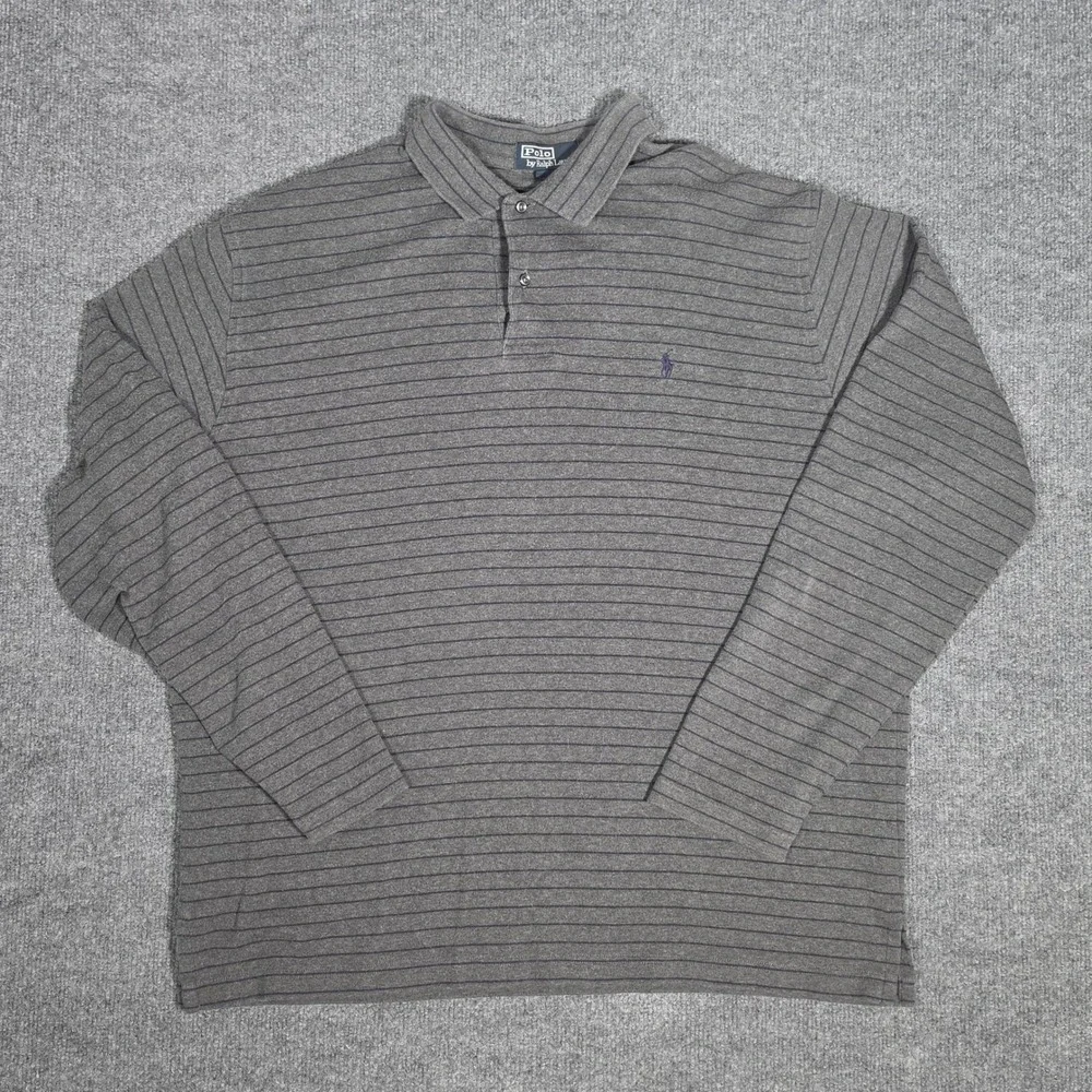 Polo Ralph Lauren Mens XL Long Sleeve Striped Polo Shirt Grey Blue Cotton Pony
